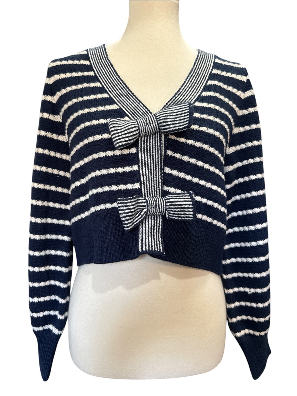 Vigoss Navy and White Striped V-Neck Sweater with Bow Details #398
